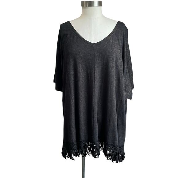 White House Black Market Black & Gold Fringe Boho V Neck Blouse NWT Sz L/XL - Picture 1 of 8